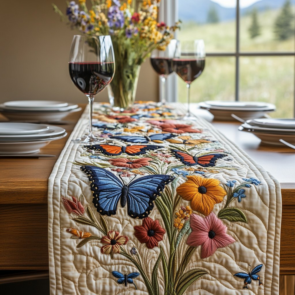 Blue Butterfly with Wildflowers on Cream Table Runner