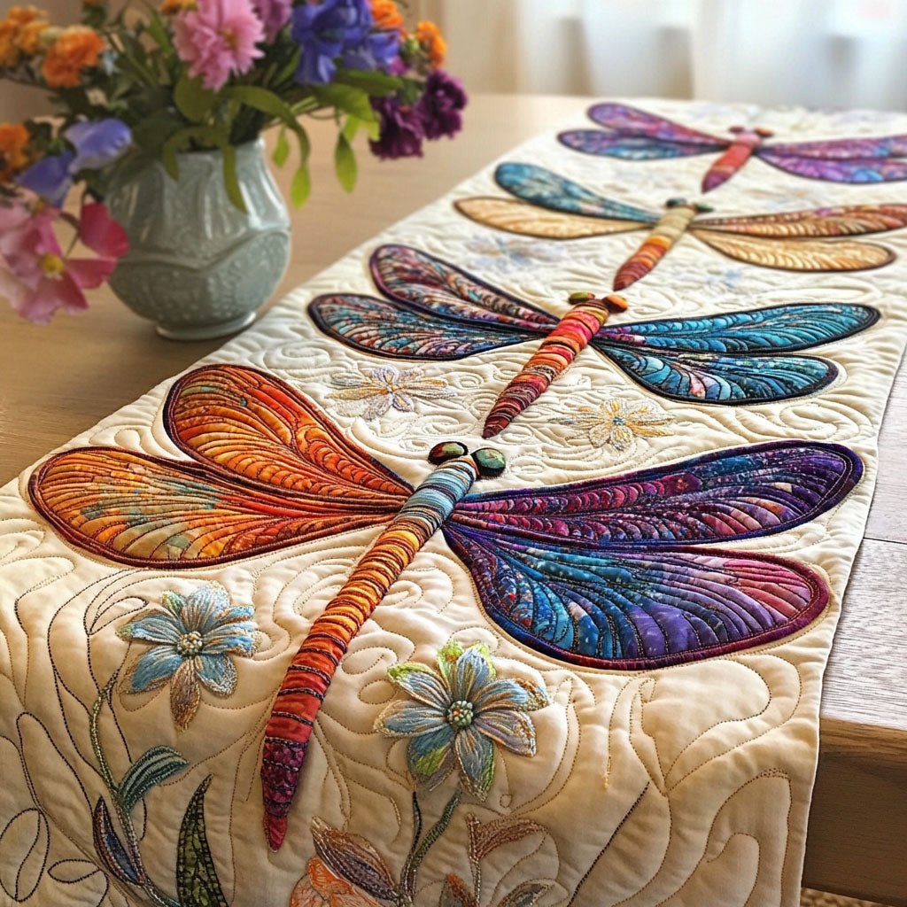 Dragonflies with Blue Blossoms on Cream Table Runner