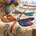 Dragonflies with Blue Blossoms on Cream Table Runner