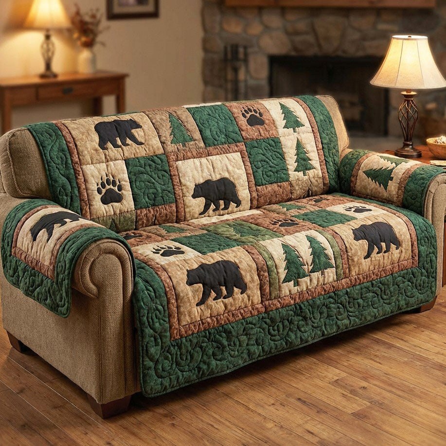 Bears and Pine Trees in Cabin Blocks Sofa Cover