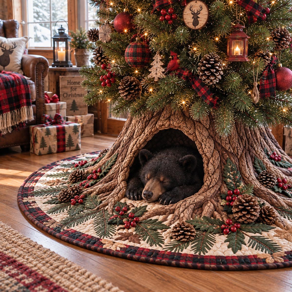 Evergreen Bear Tree Hollow Christmas Tree Skirt