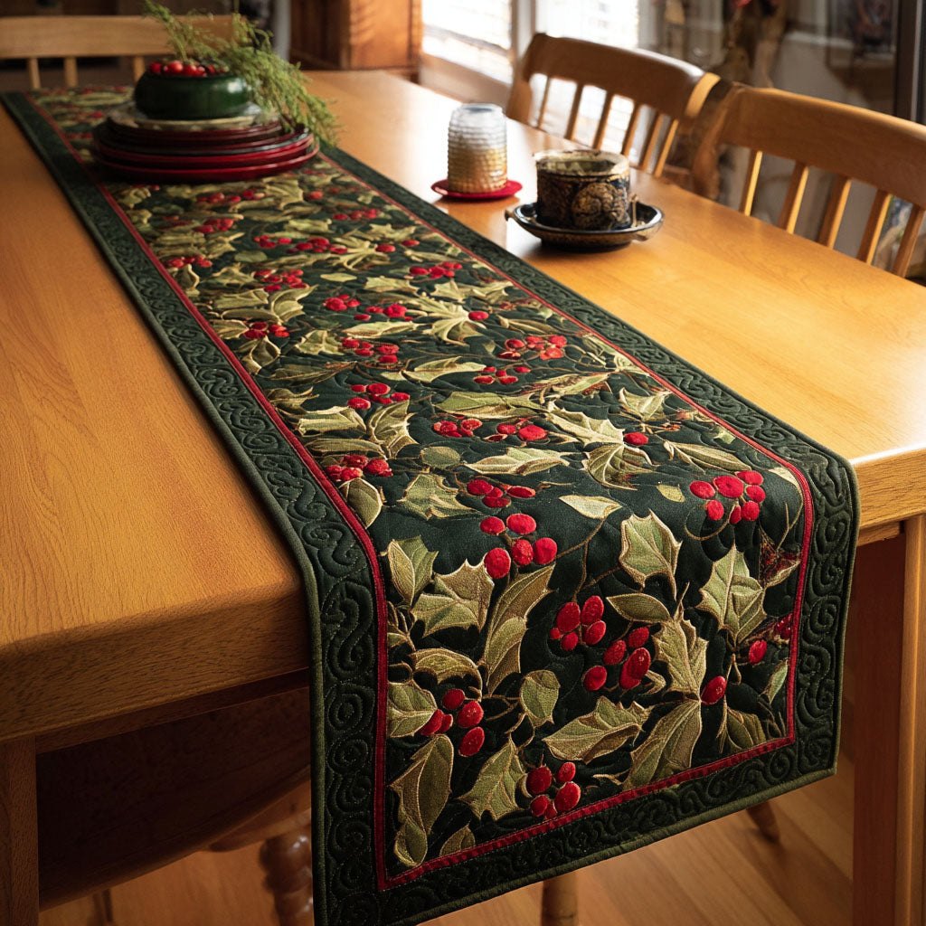 Holly and Red Berries on Dark Green Table Runner
