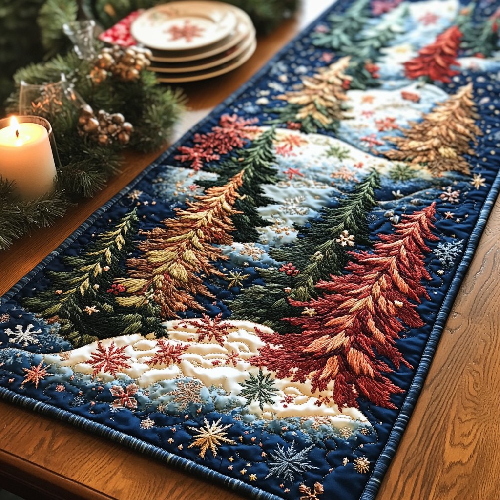 Red and Green Pines in the Snow Table Runner