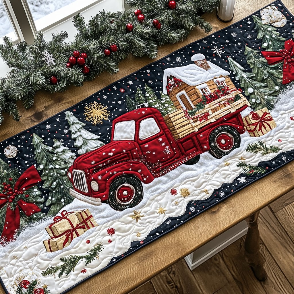 Red Truck Hauling a Christmas Tree Table Runner