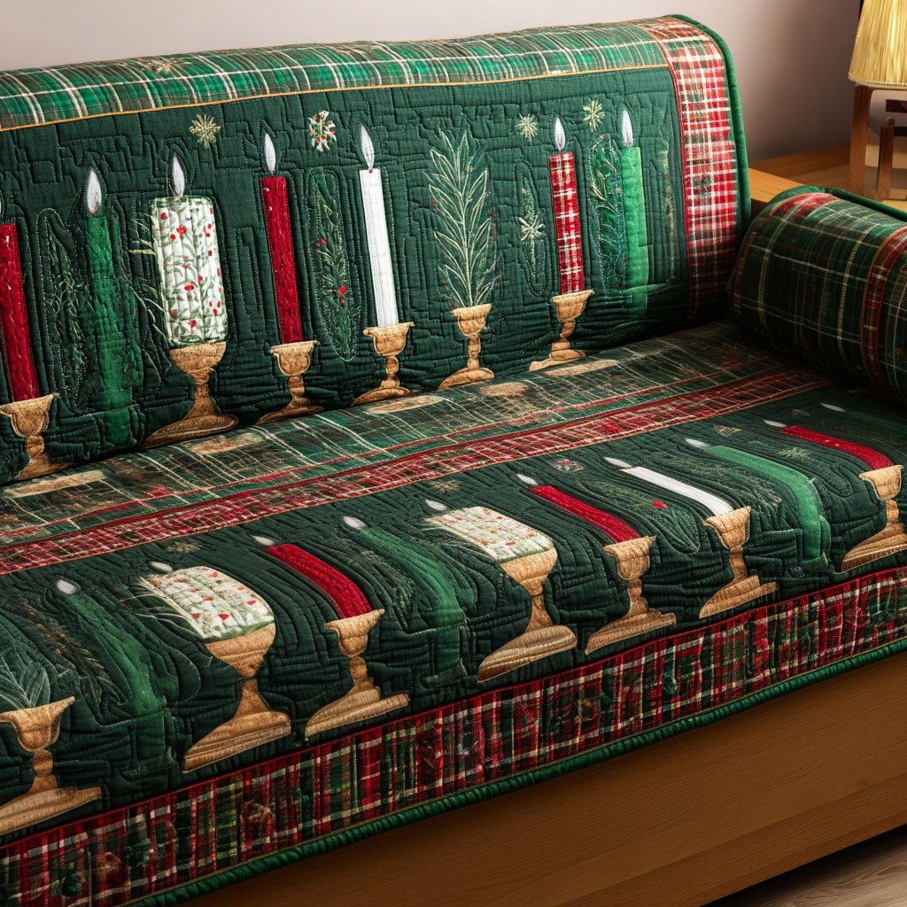 Golden Candles on Green Stripes Sofa Cover