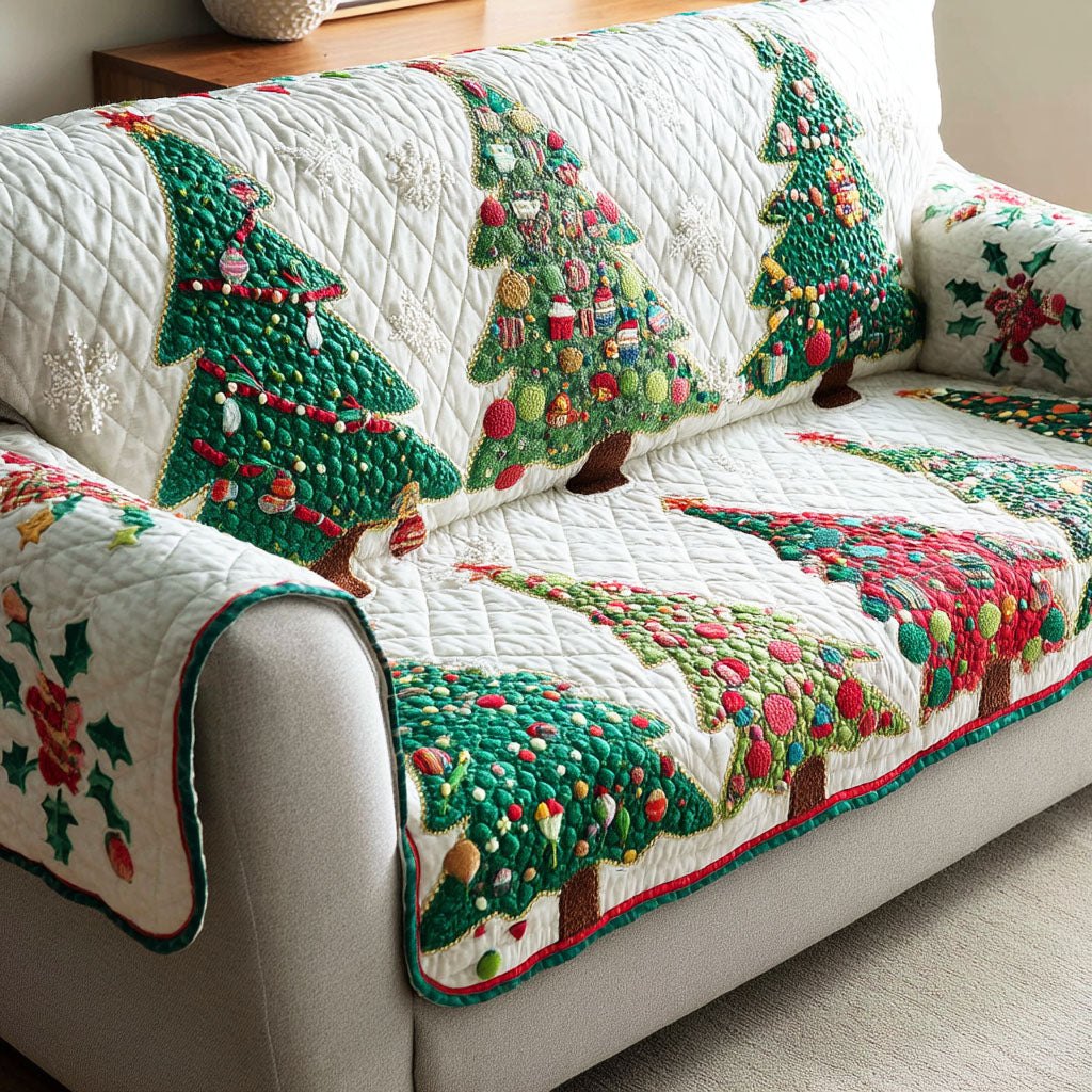 Decorated Christmas Trees in Green Sofa Cover