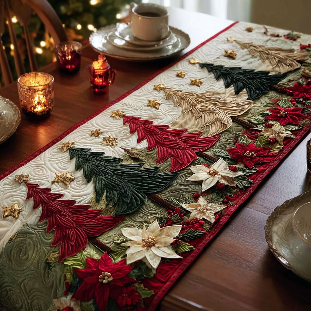 Trees and Poinsettias in Red and Green Table Runner