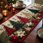 Trees and Poinsettias in Red and Green Table Runner
