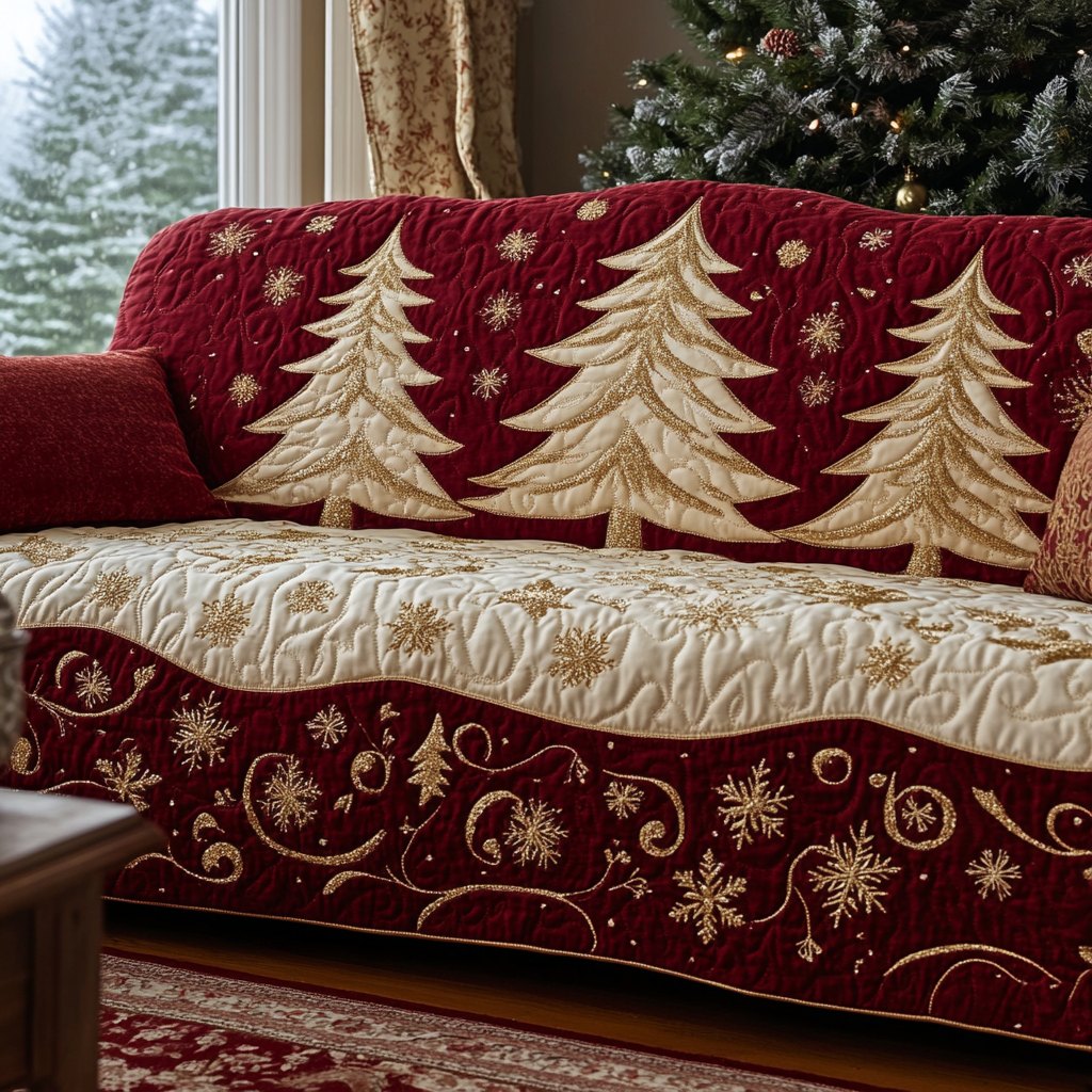 Ivory Pines on Burgundy Snowfall Sofa Cover