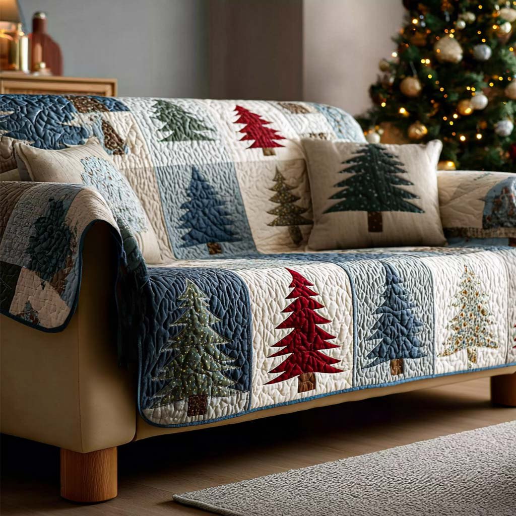 Red and Green Pines on White Sofa Cover