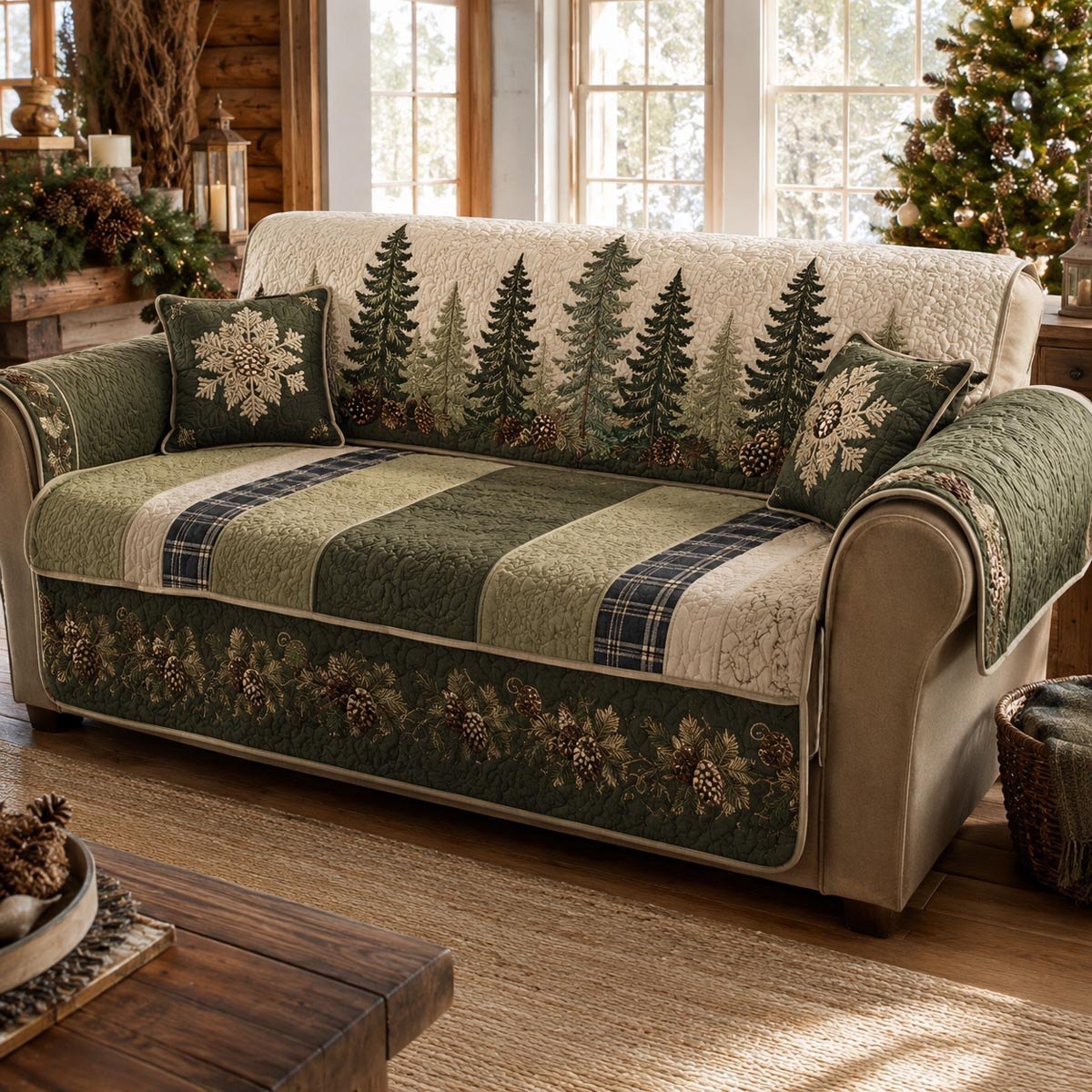 Pine Row on Olive Stripes Sofa Cover