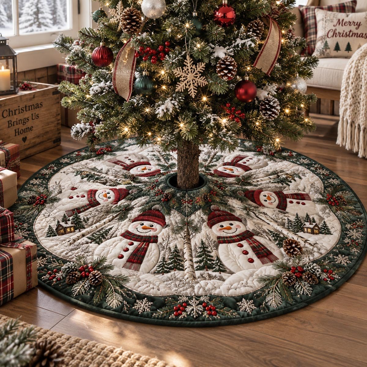 Evergreen Snowman Gathering Christmas Tree Skirt