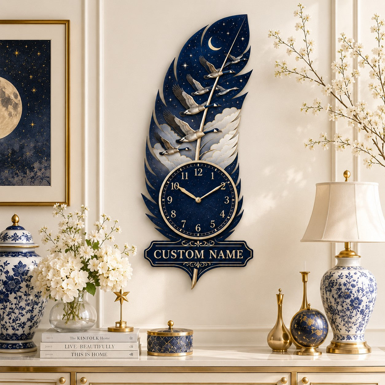 Goose feather Custom Name Wall Clock — personalized with a custom name