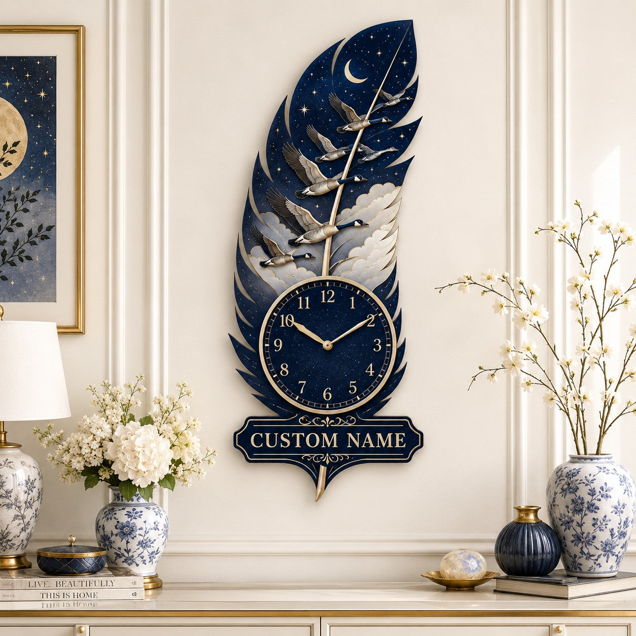 Goose feather Custom Name Wall Clock — personalized with a custom name