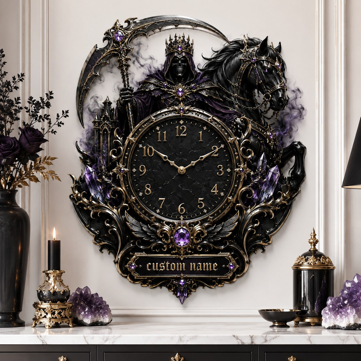 Personalized crowned Grim Reaper and black horse wall clock — personalized with a custom name