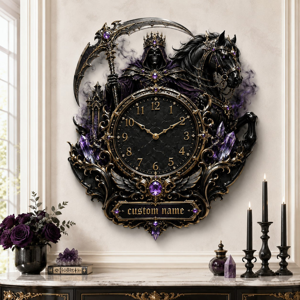Personalized crowned Grim Reaper and black horse wall clock — personalized with a custom name