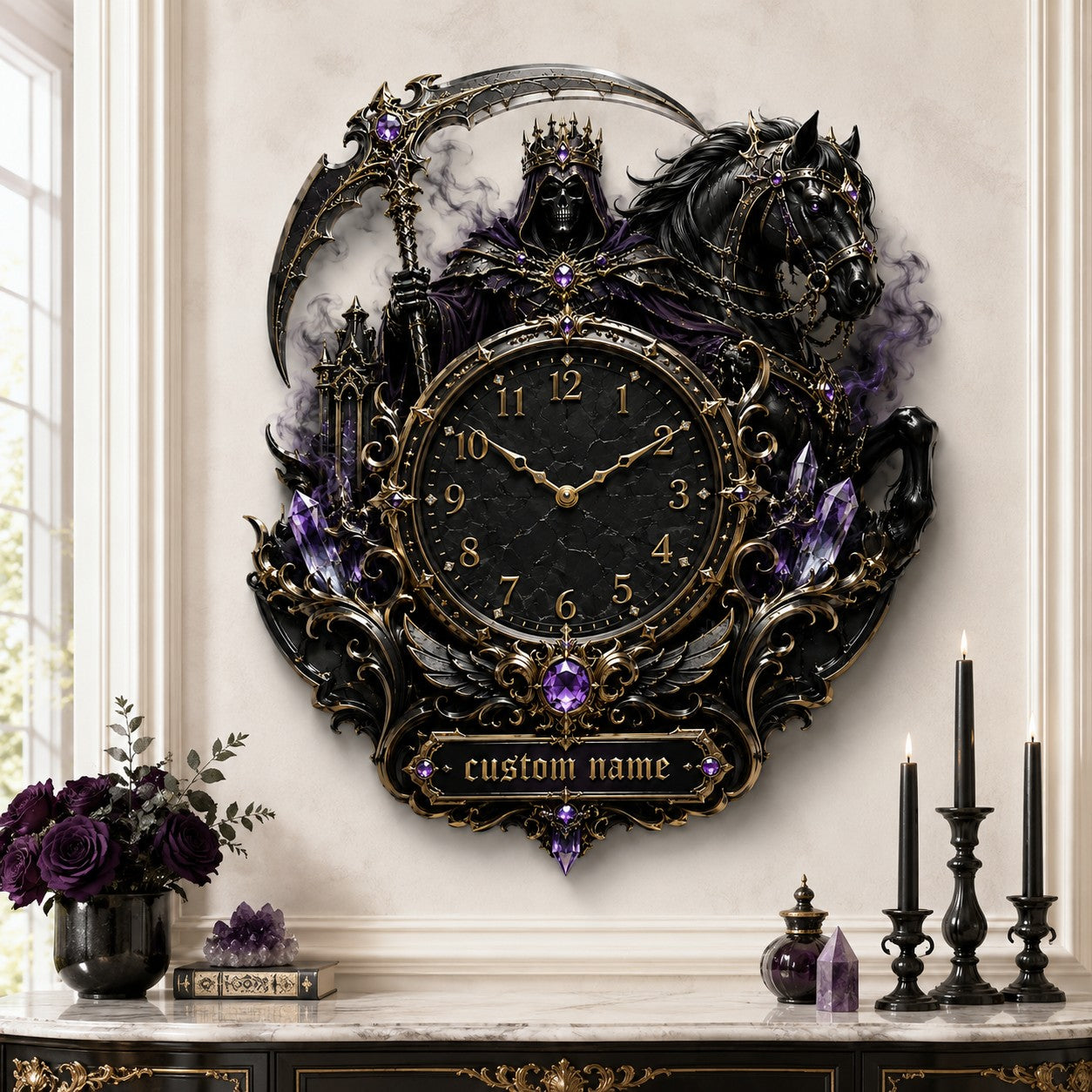 Personalized crowned Grim Reaper and black horse wall clock — personalized with a custom name