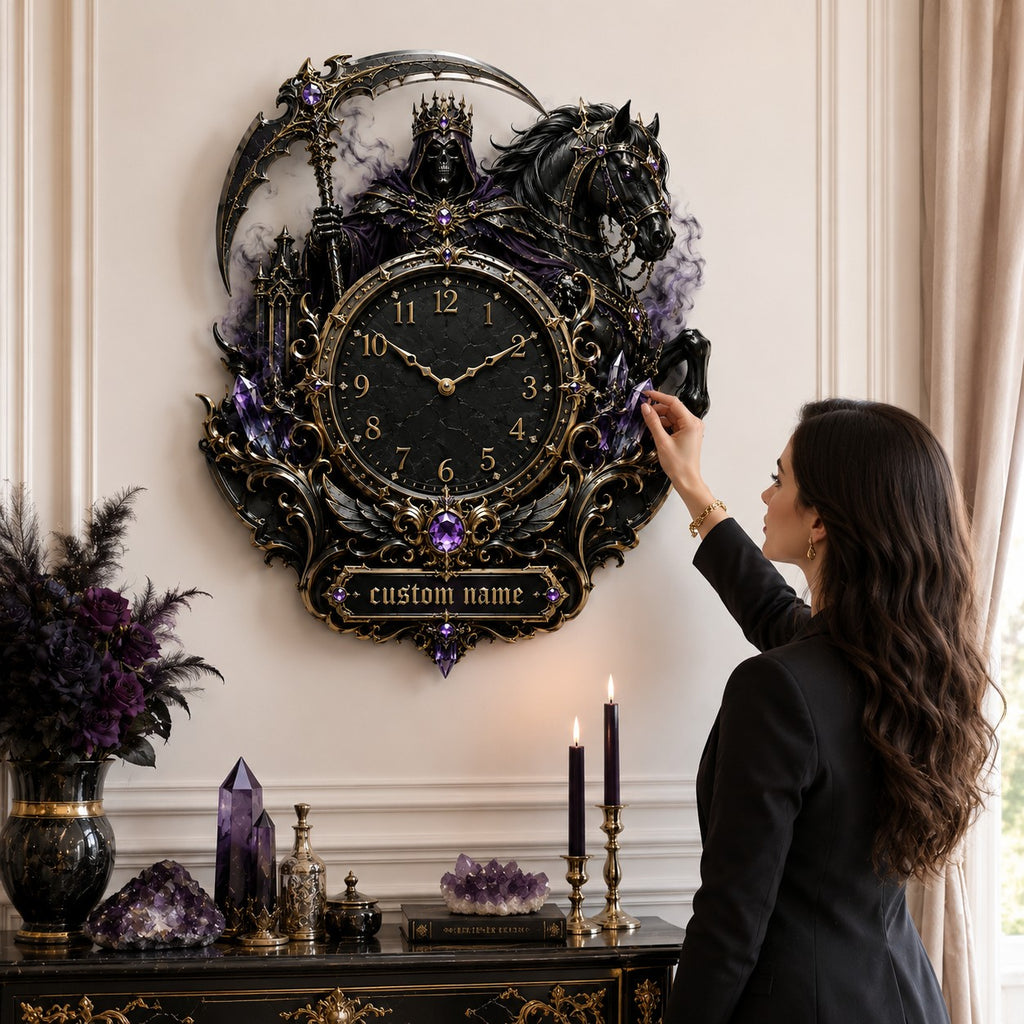 Personalized crowned Grim Reaper and black horse wall clock — personalized with a custom name