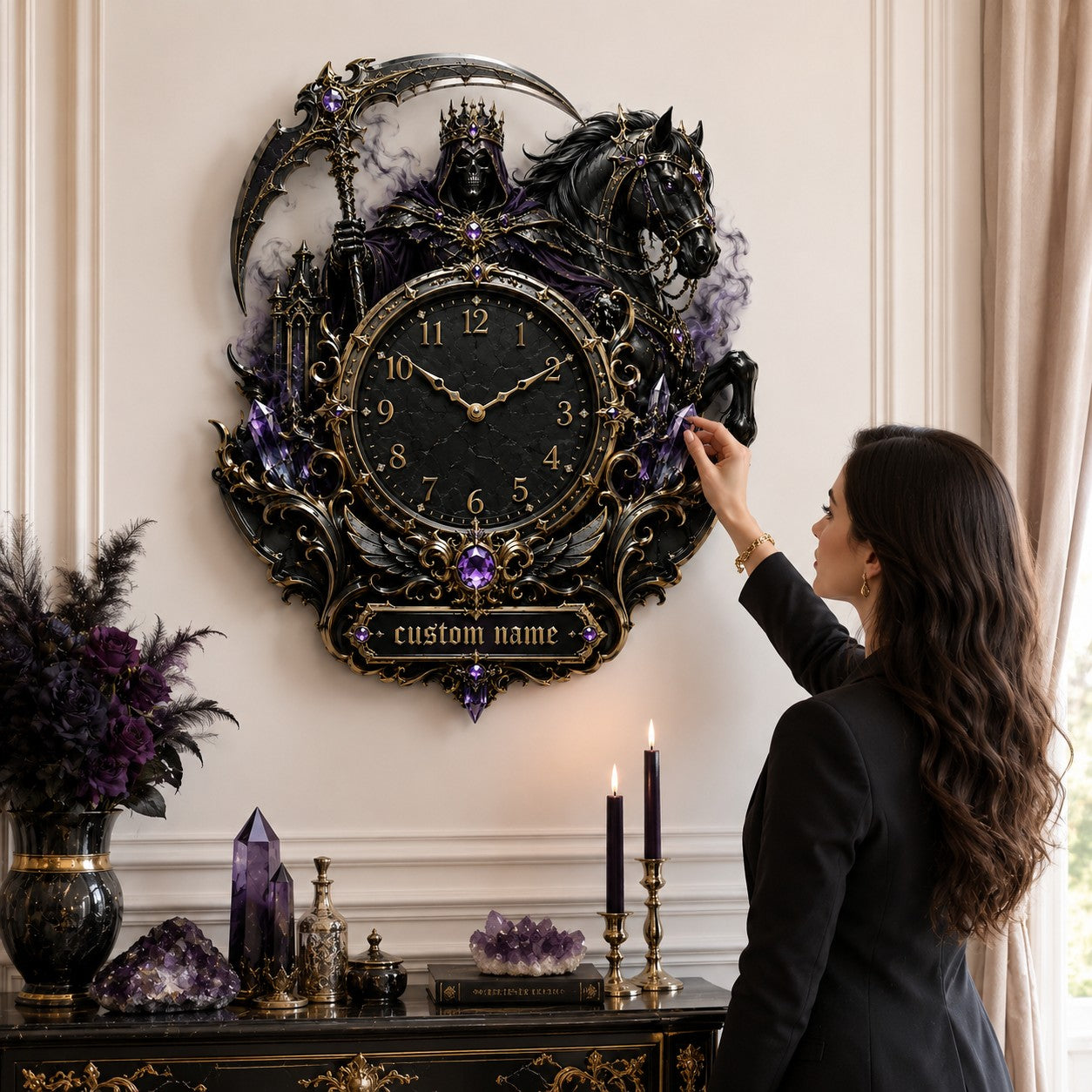 Personalized crowned Grim Reaper and black horse wall clock — personalized with a custom name