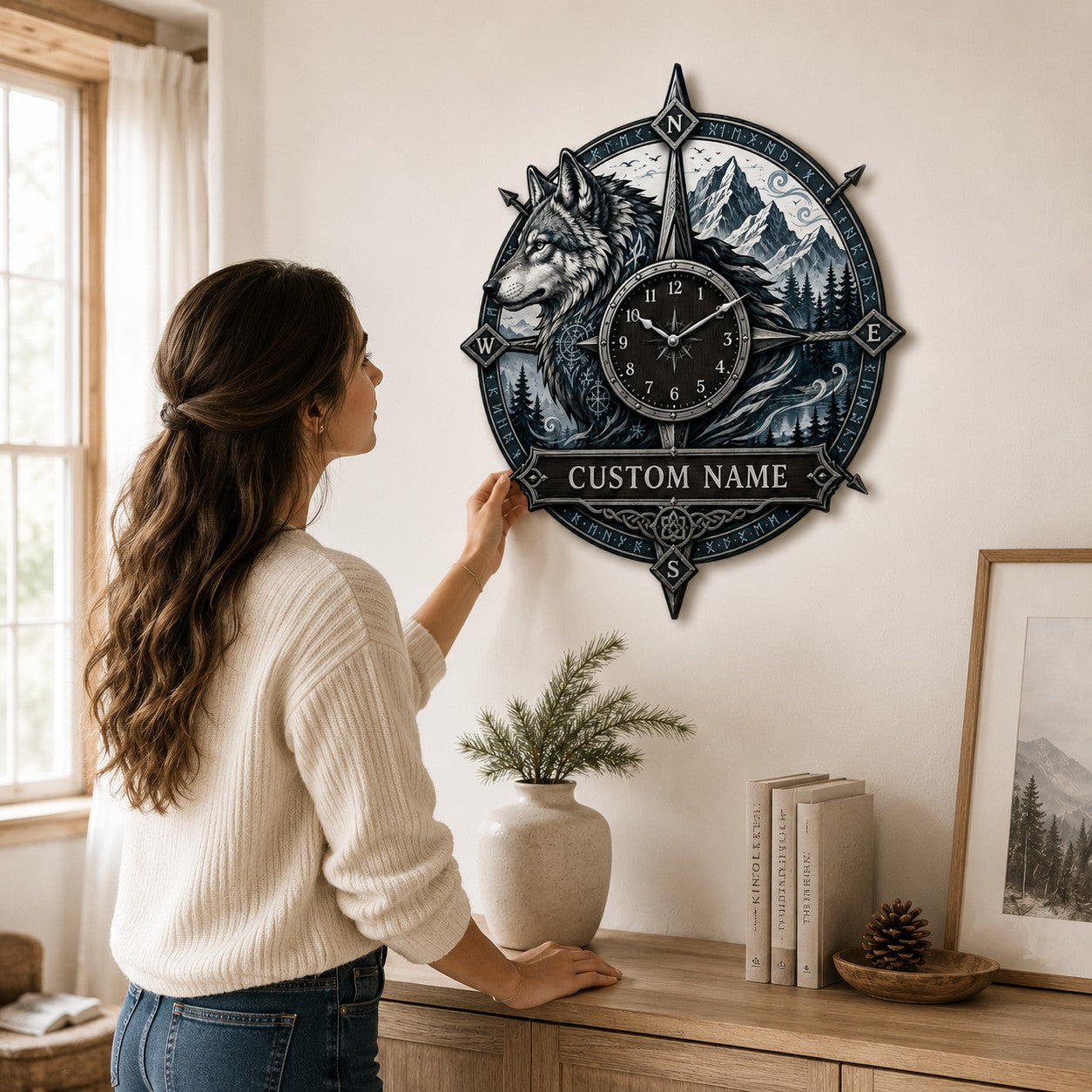 Wolf compass Custom Name Wall Clock — personalized with a custom name