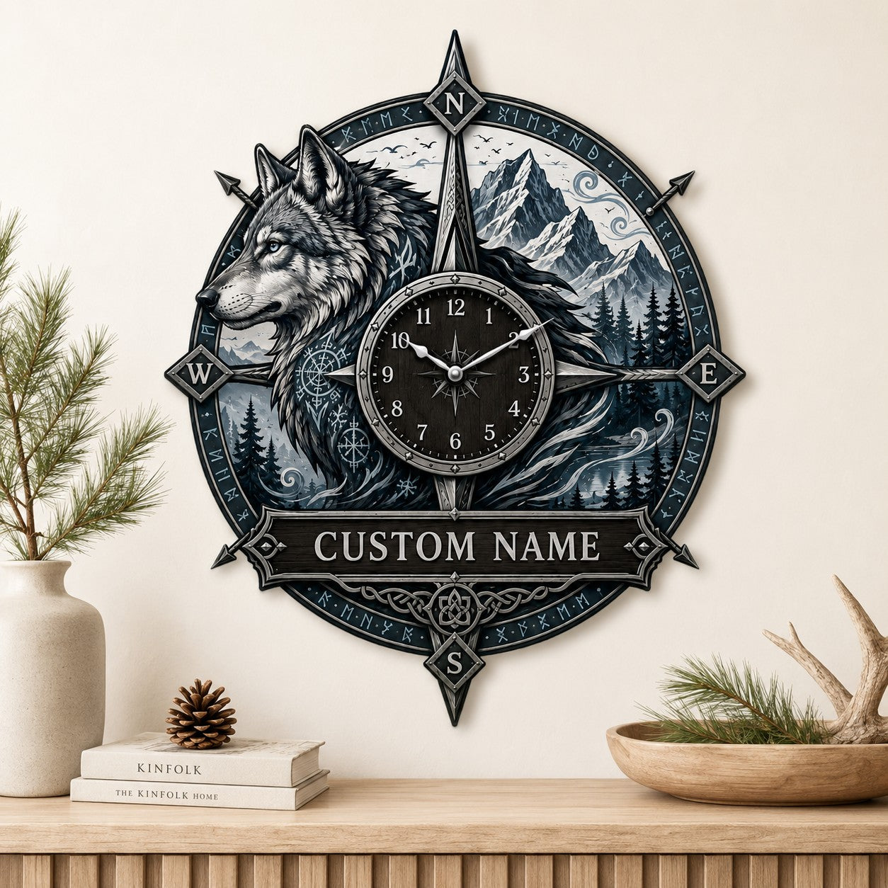 Wolf compass Custom Name Wall Clock — personalized with a custom name