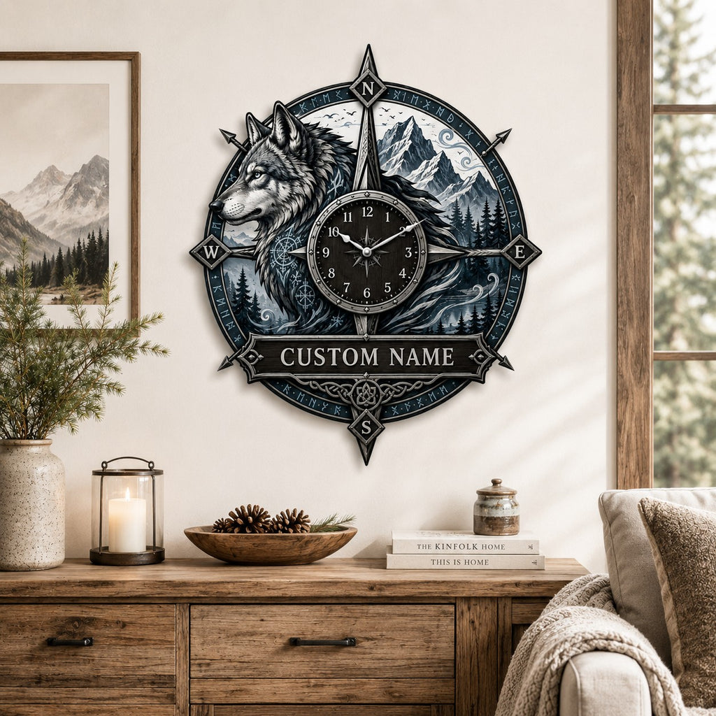 Wolf compass Custom Name Wall Clock — personalized with a custom name