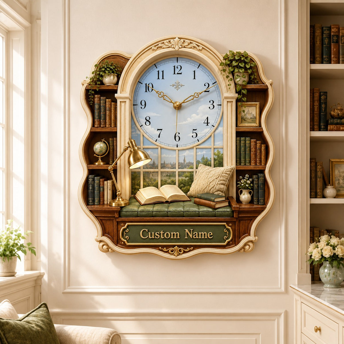 Personalized Window Library Wall Clock — personalized with a custom name