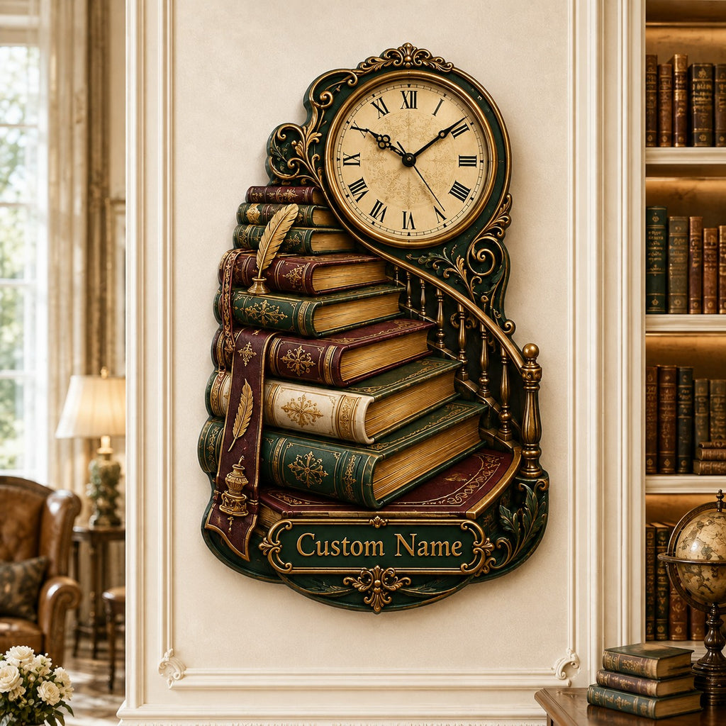 Vintage Book Staircase Personalized Wall Clock — personalized with a custom name