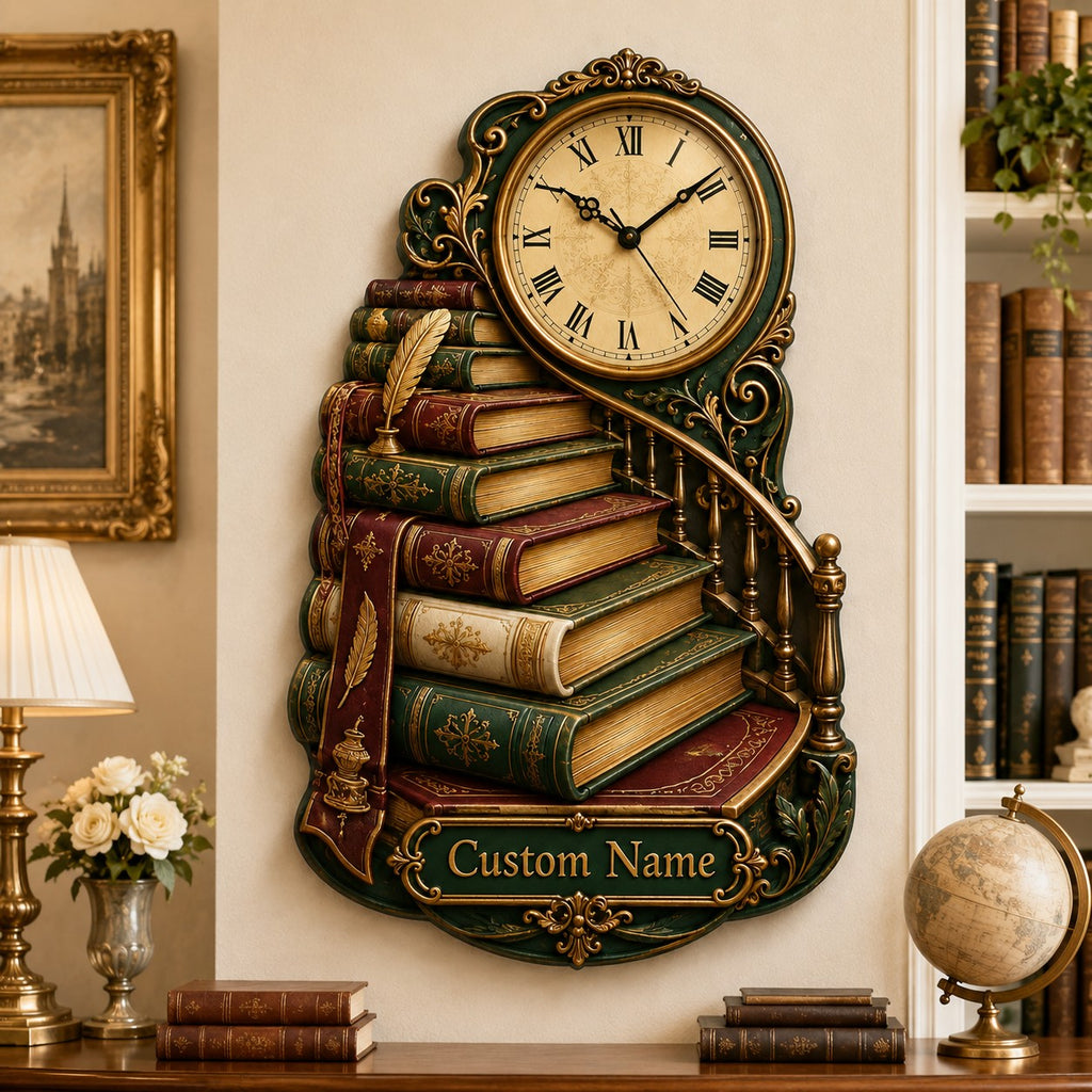 Vintage Book Staircase Personalized Wall Clock — personalized with a custom name