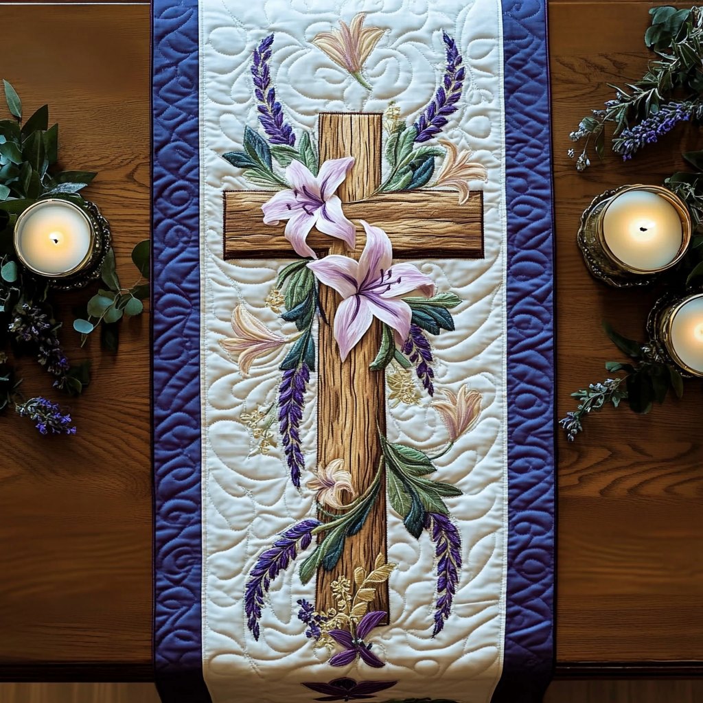 Wooden Cross with Lilies and Lavender Table Runner