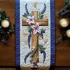 Wooden Cross with Lilies and Lavender Table Runner
