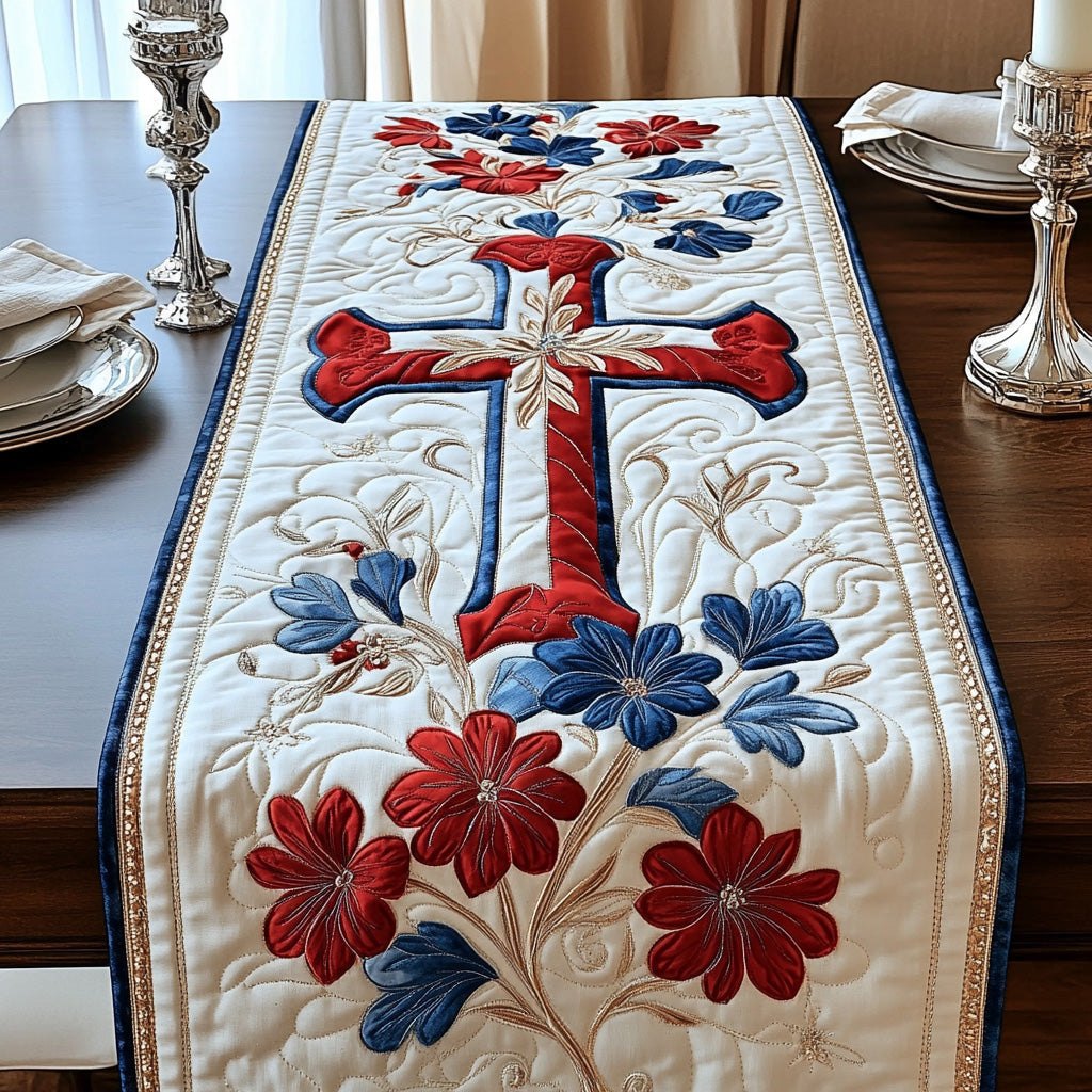 Red Cross with Blue and Red Flowers Table Runner