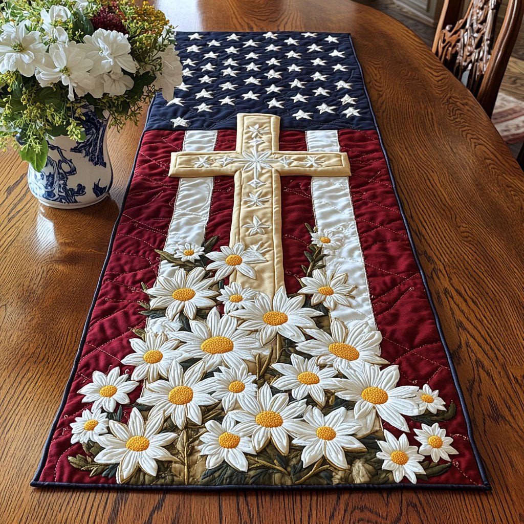 Cross with Daisies on the Flag Table Runner