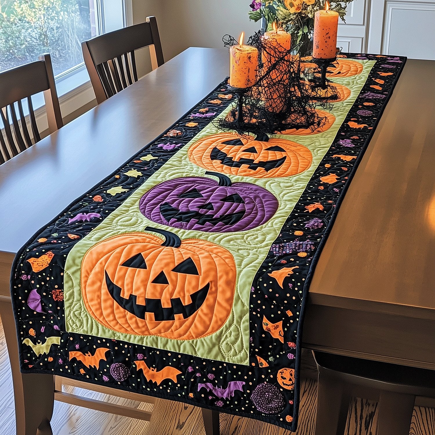 Jack O Lanterns with Bats on Black Table Runner
