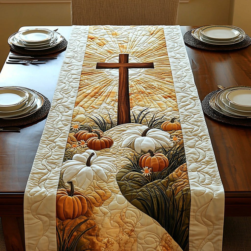 Cross with White and Orange Pumpkins Table Runner