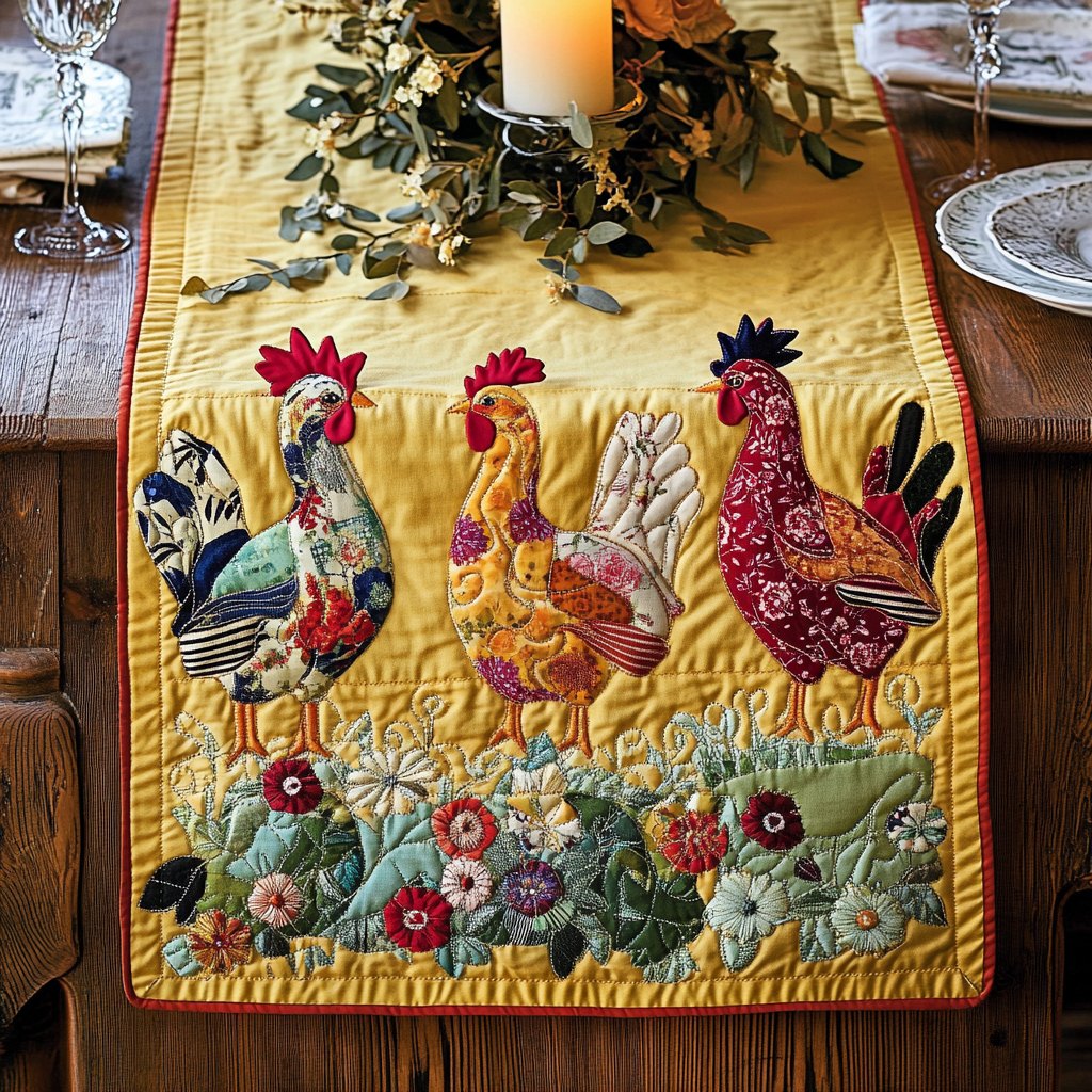 Chickens with Flowers on Yellow Table Runner