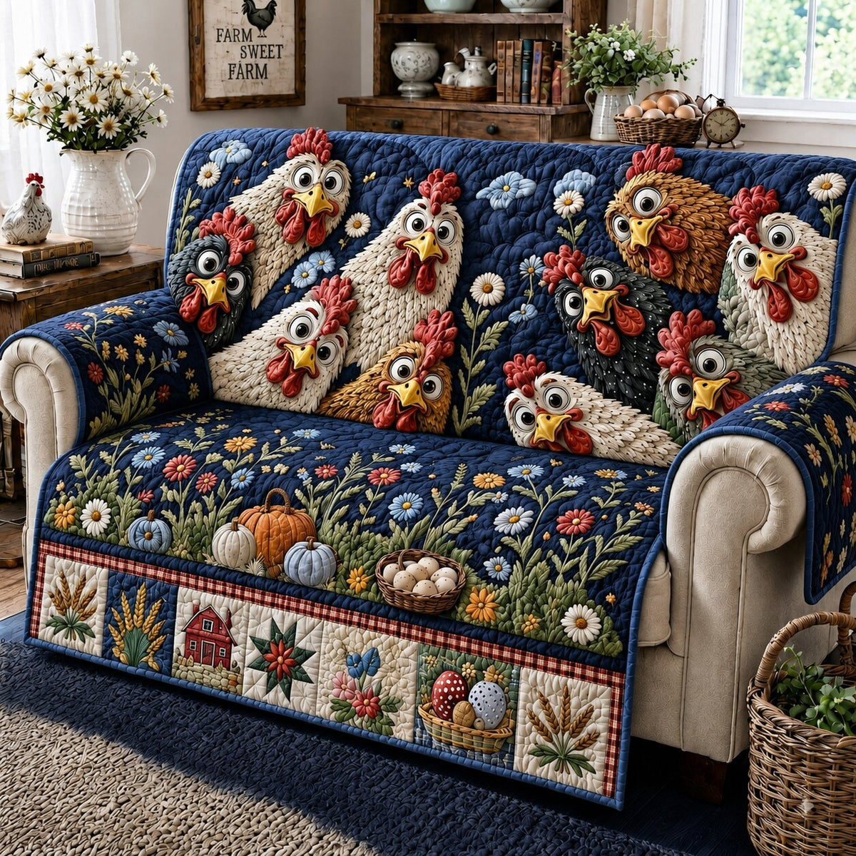 Farmhouse Chickens Love Sofa Cover