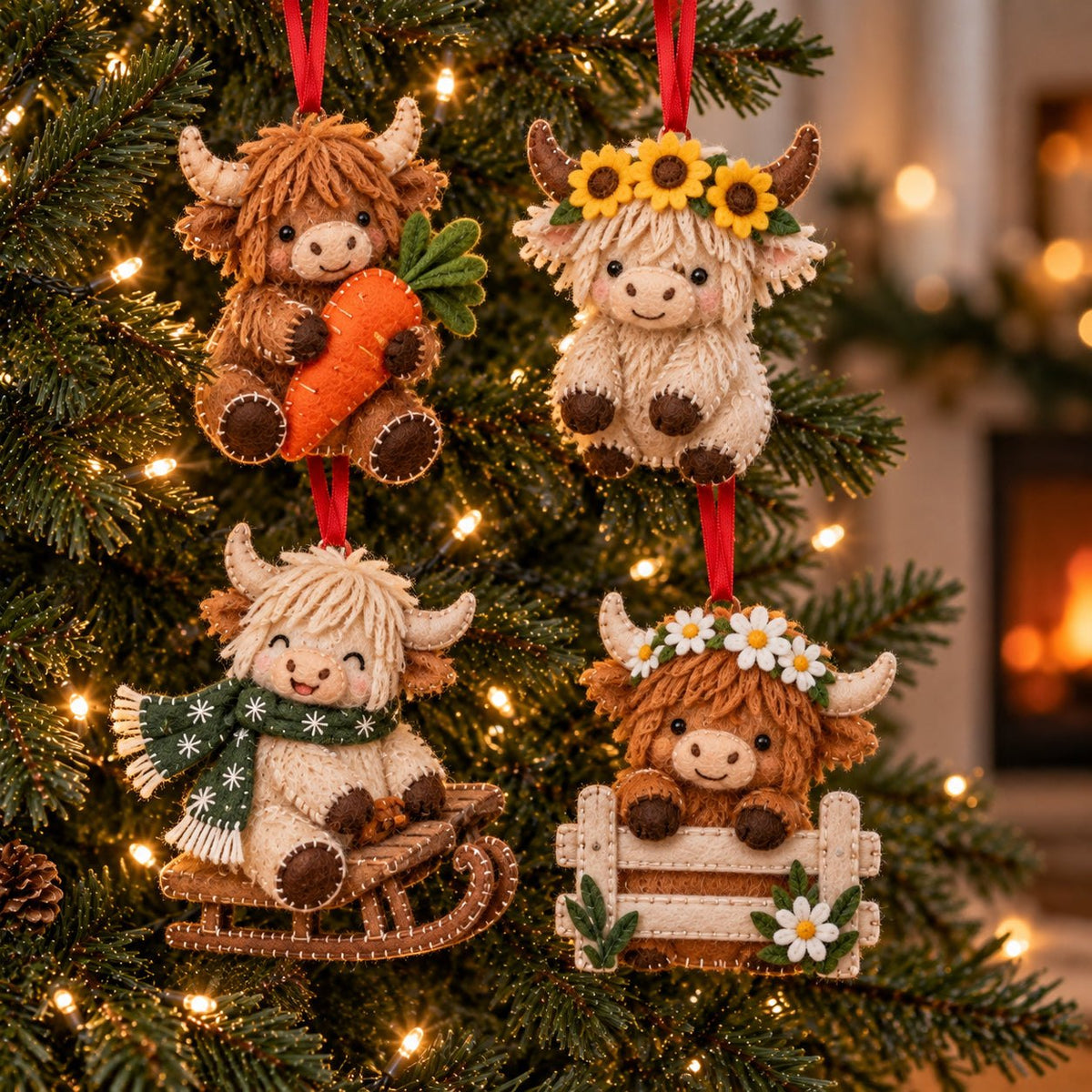 Sunflower Fence Farmhouse Highland Cow Ornament Gift Set