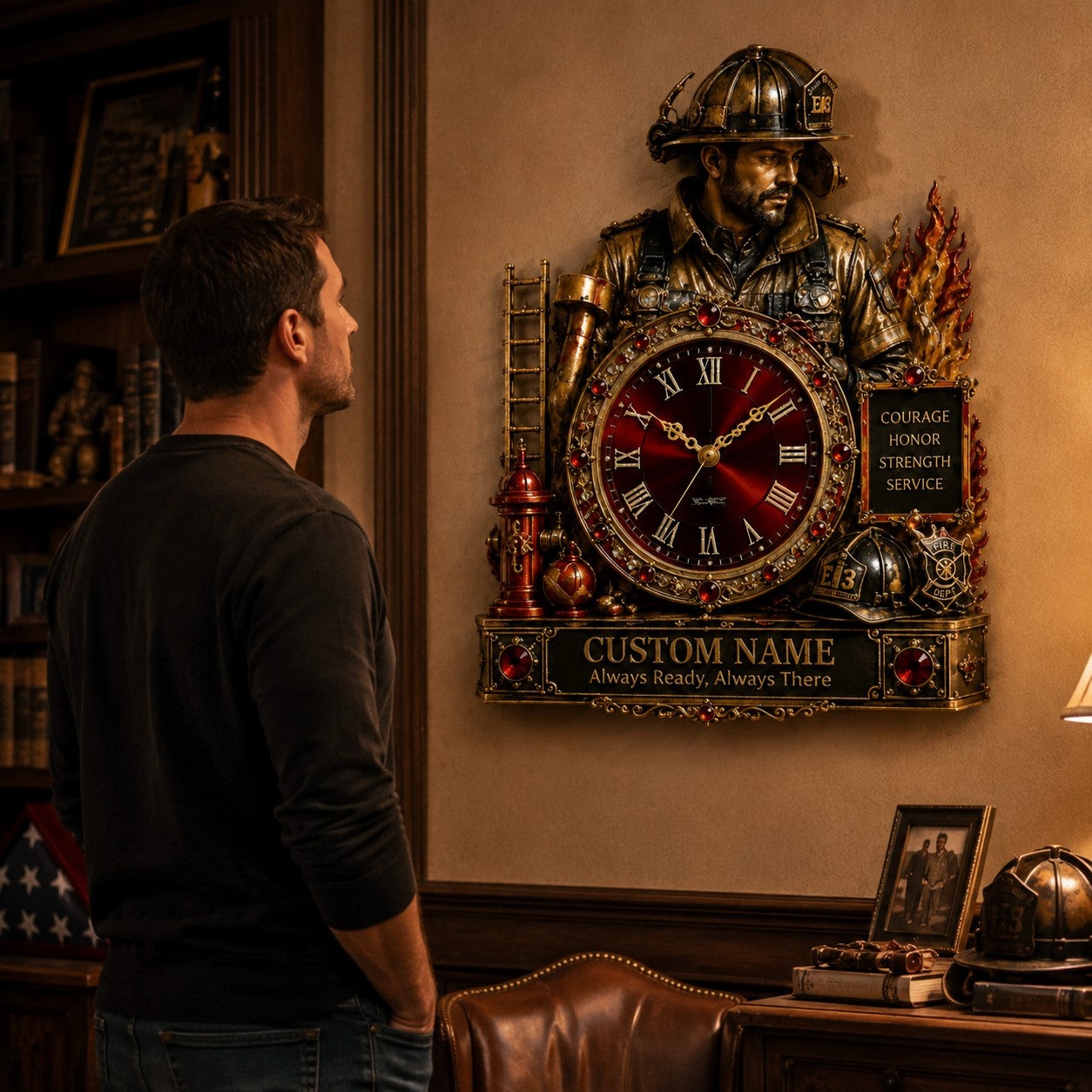Firefighter Custom Name Wall Clock — personalized with a custom name