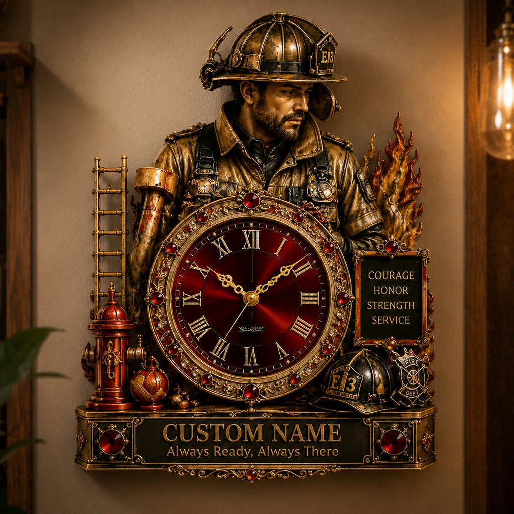 Firefighter Custom Name Wall Clock — personalized with a custom name