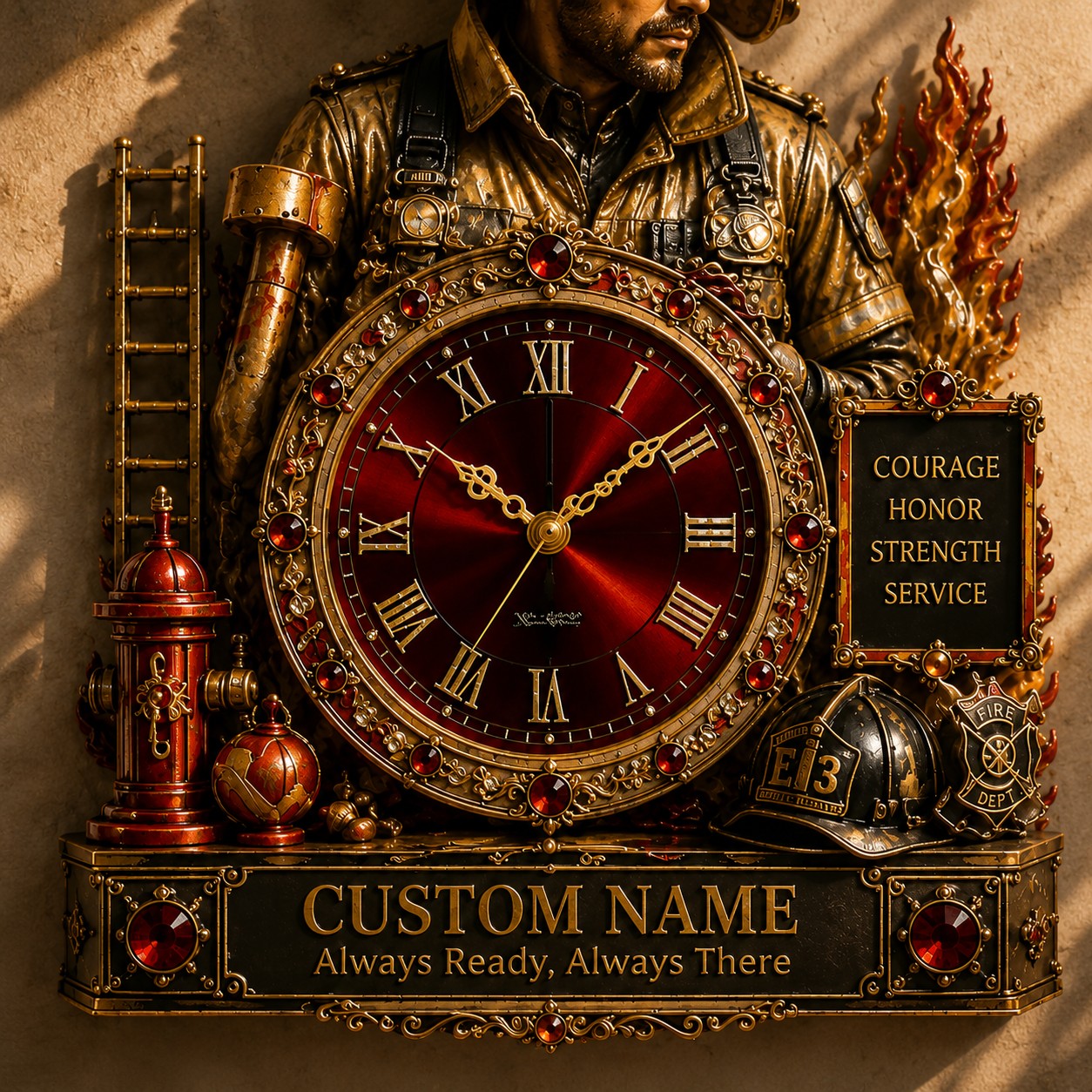 Firefighter Custom Name Wall Clock — personalized with a custom name
