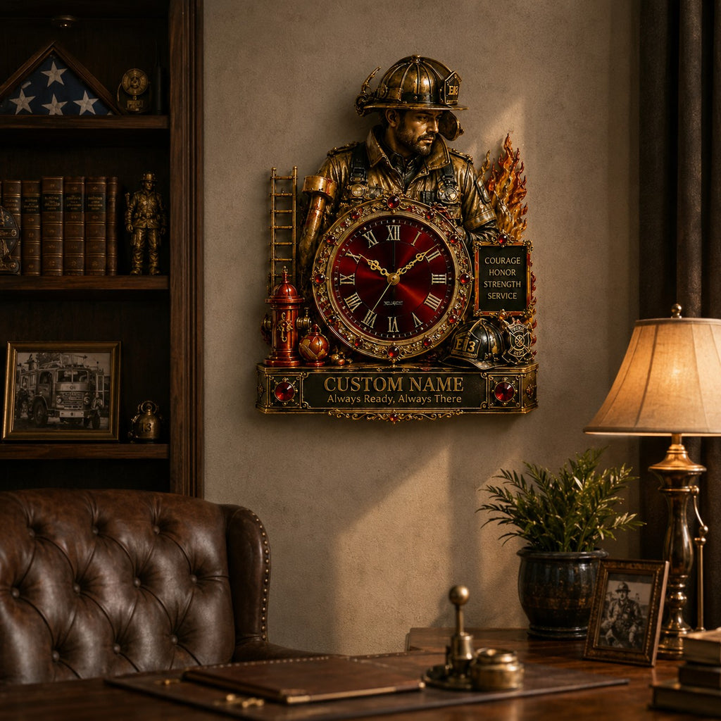 Firefighter Custom Name Wall Clock — personalized with a custom name