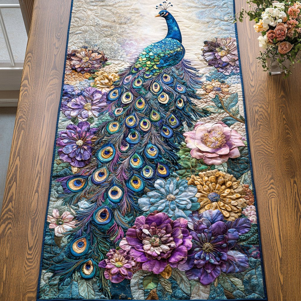 Peacock with Pastel Flowers Table Runner