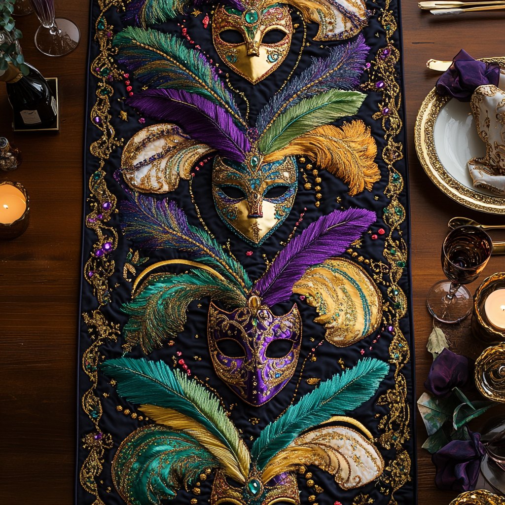 Carnival Masks with Feathers on Purple Table Runner