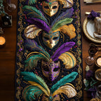 Carnival Masks with Feathers on Purple Table Runner