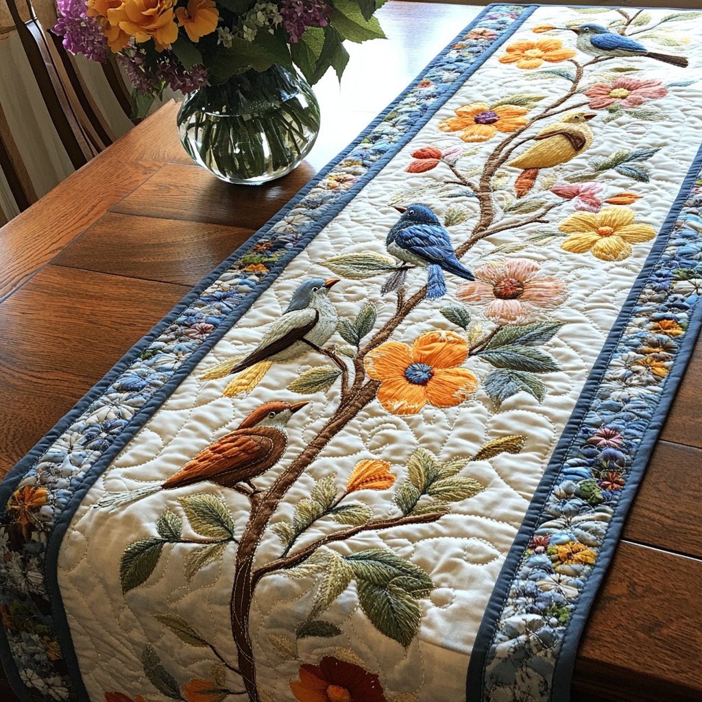 Bird on a Blossom Branch Table Runner