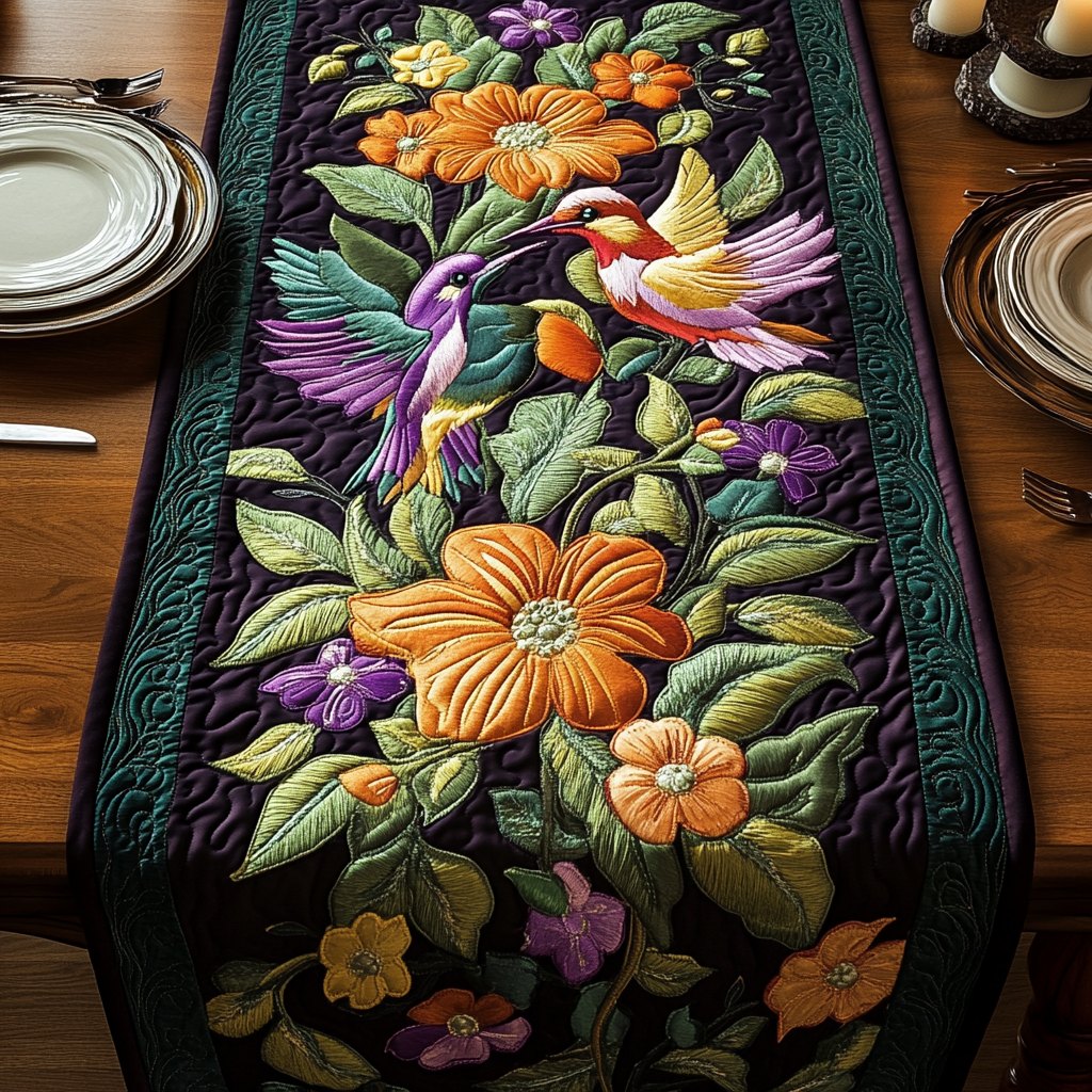 Hummingbird with Orange Blooms on Black Table Runner