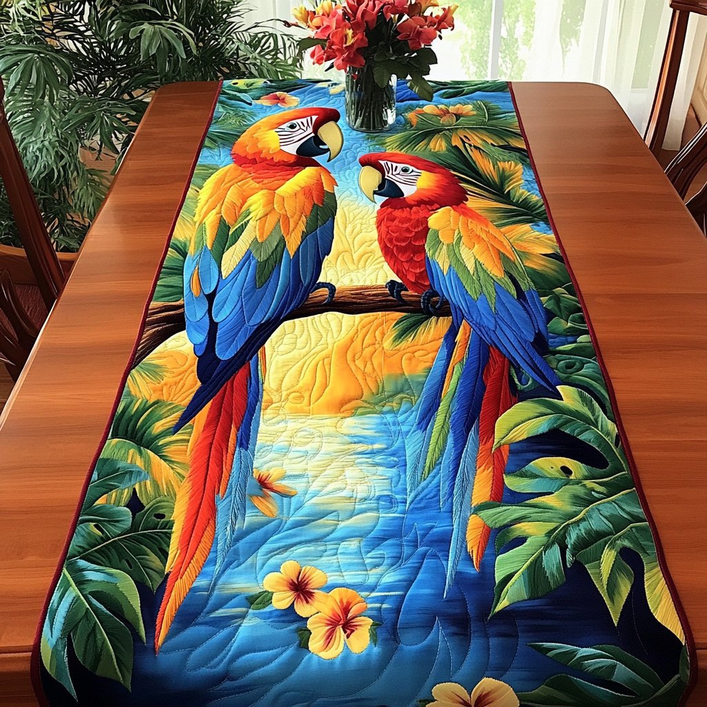 Parrots on a Tropical Branch Table Runner