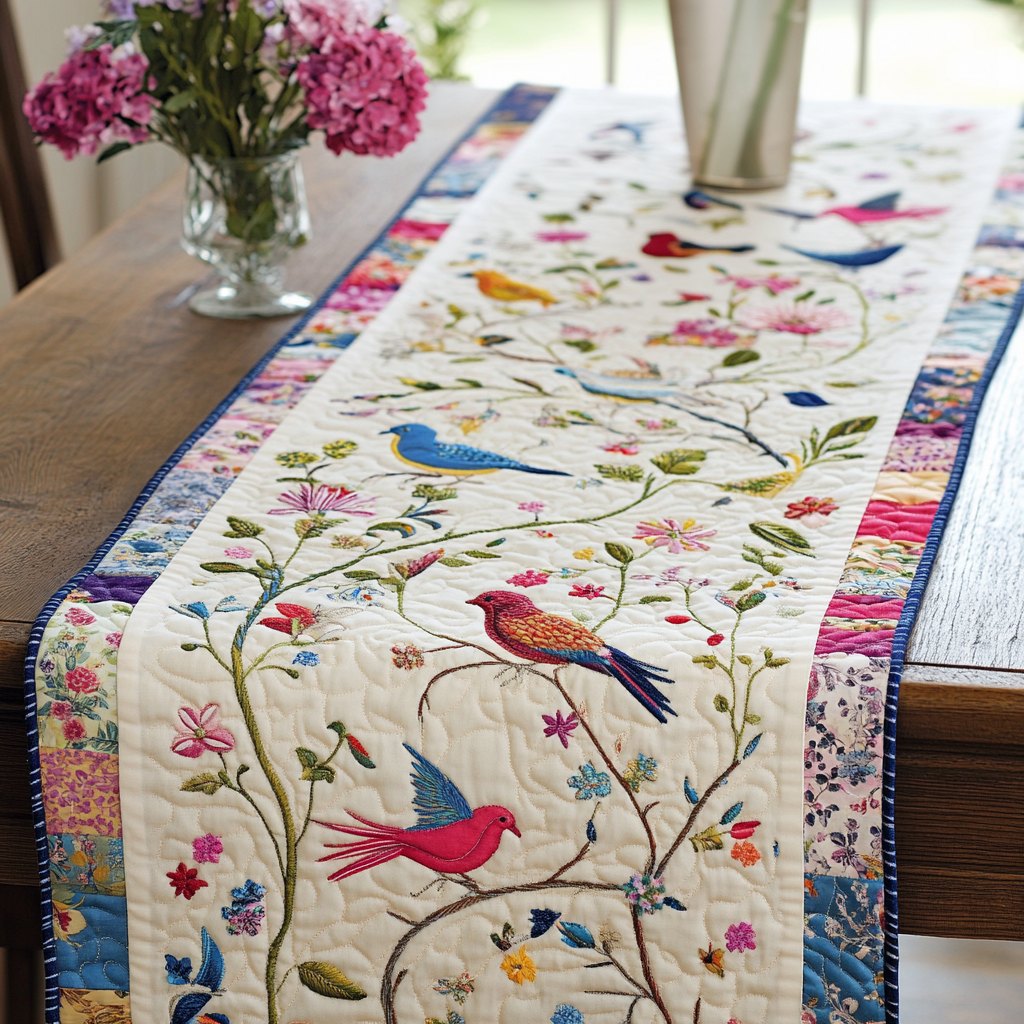 Birds on Flowering Vines Table Runner