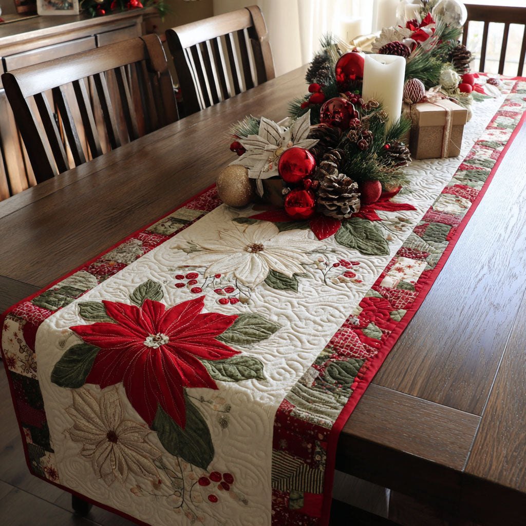 Red Poinsettias on Cream Table Runner